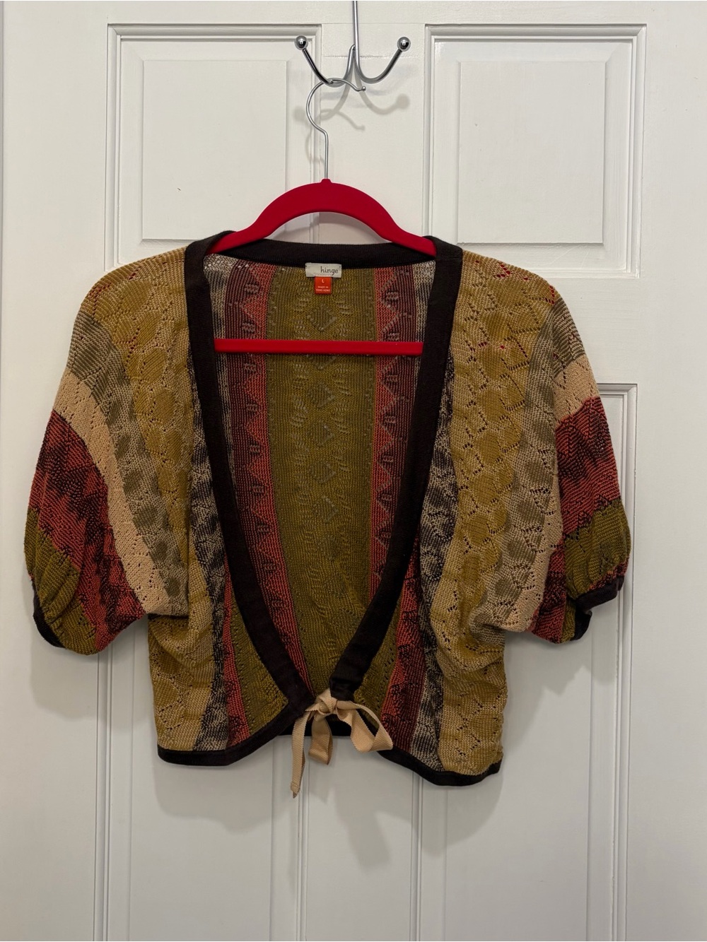Hinge- Open-Front Short Sleeve Cardigan in Olive, Rust & Brown